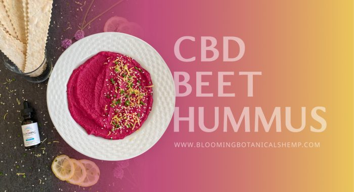 Bowl of CBD beet hummus topped with sesame and green onion