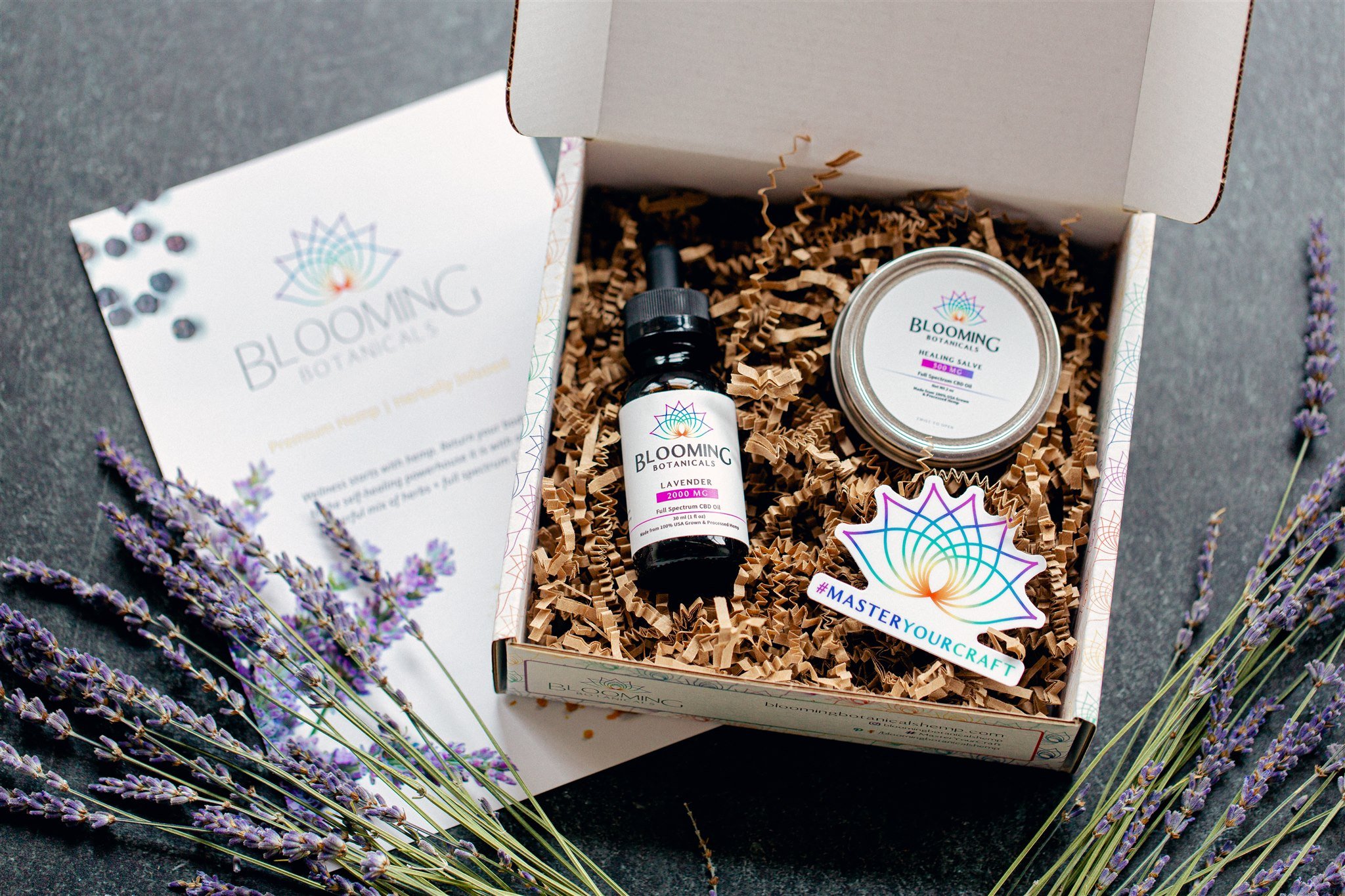 Blooming Botanicals Lavender CBD Tincture, 500mg CBD Healing Salve and master your craft sticker in rainbow packaging