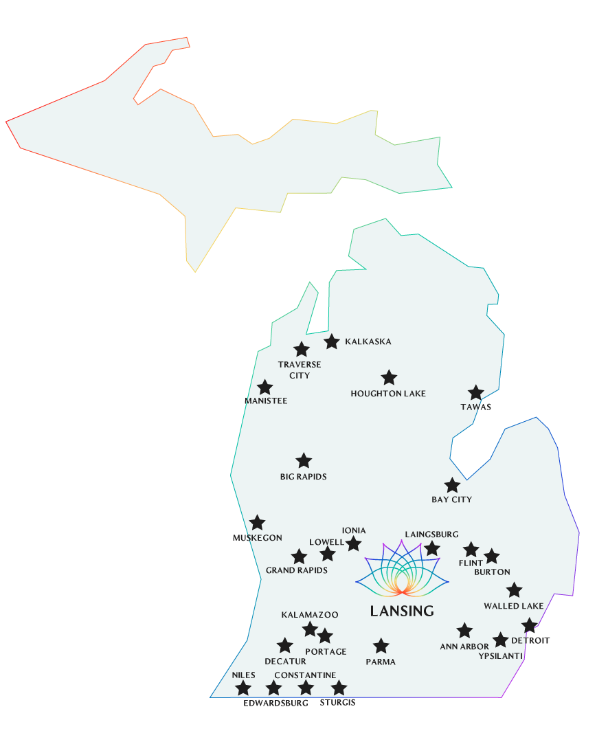 map of michigan with cities highlighted that carry Blooming products