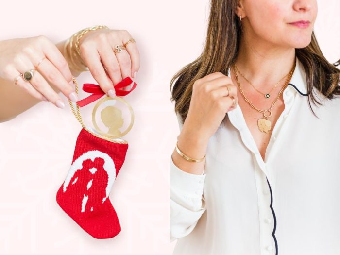 Woman wearing a custom necklace next to a stocking with a necklace coming out of it. 