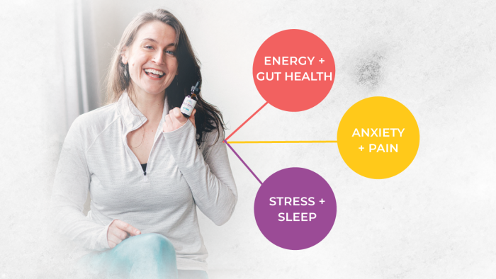 woman smiling with cbd tincture for anxiety, pain, sleep, and gut health